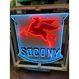 Original Mobil Socony Porcelain Sign with Neon 72 IN W x 72 IN H